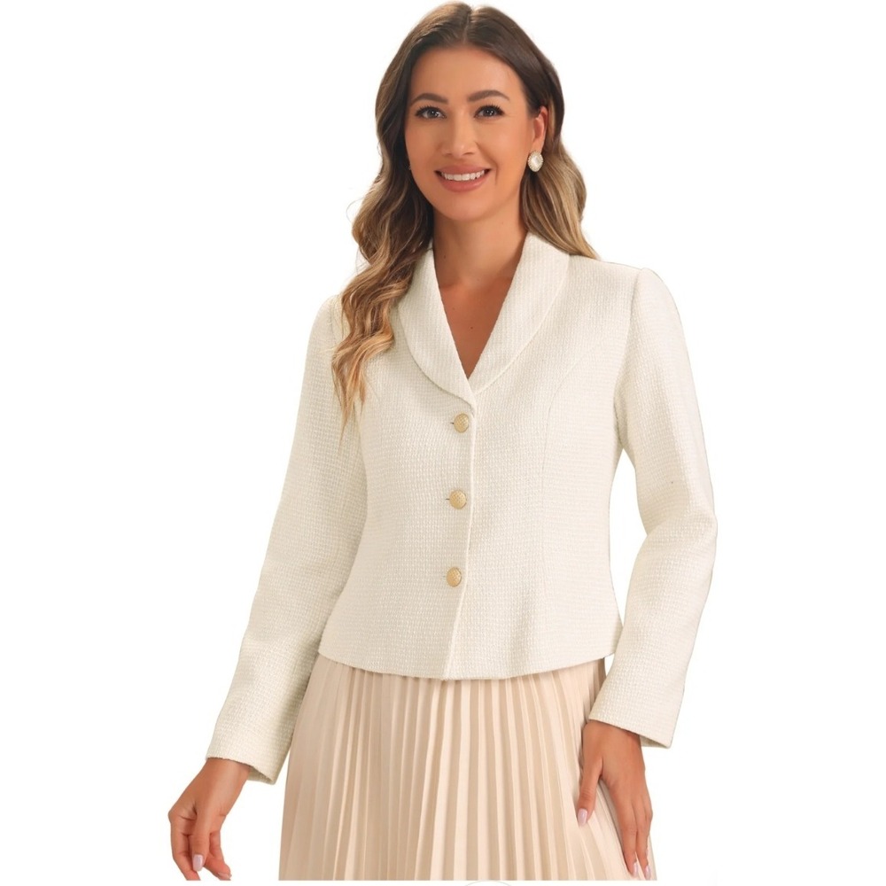 Allegra K Textured Tweed Blazer Jacket Shawl Collar Gold Button Ivory L NWT